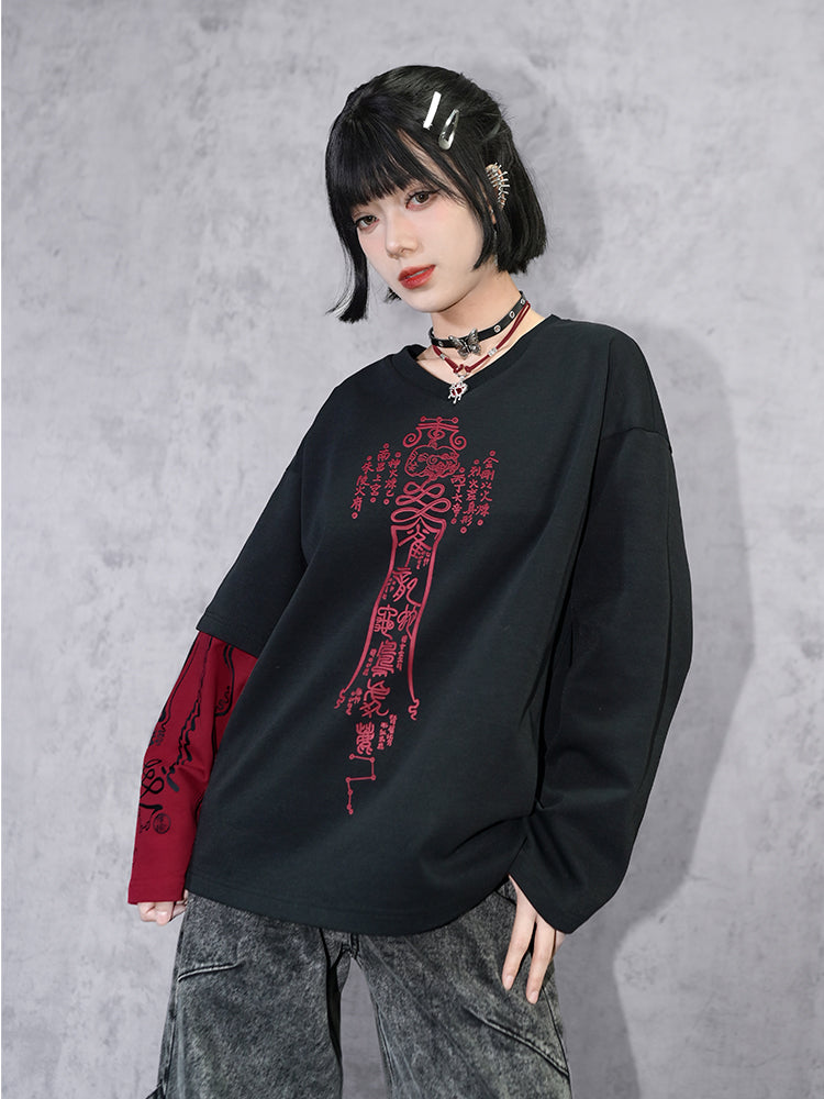 Han-style print Colorblock V-neck long-sleeve T-shirt
