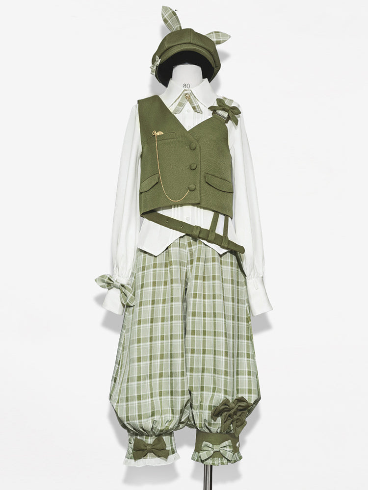 Matcha Green Retro Vest/Shirt/Capri Pants for Spring and Autumn