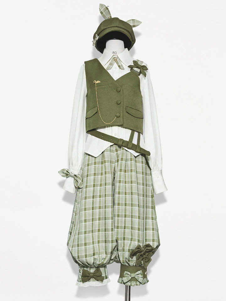 Matcha Green Retro Vest/Shirt/Capri Pants for Spring and Autumn