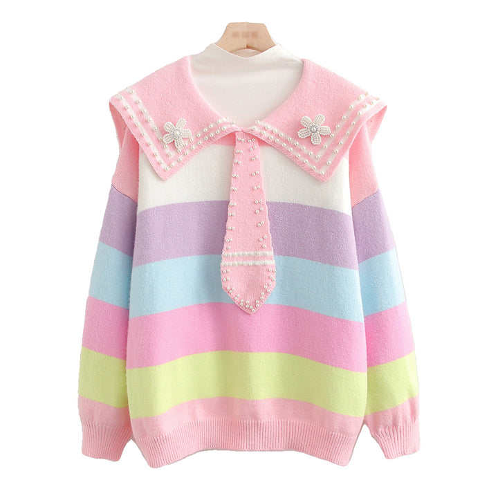 Rainbow Striped Naval Collar Long Sleeve Knit Sweater
