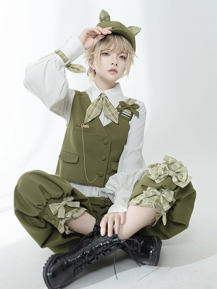 Matcha Green Retro Vest/Shirt/Capri Pants for Spring and Autumn