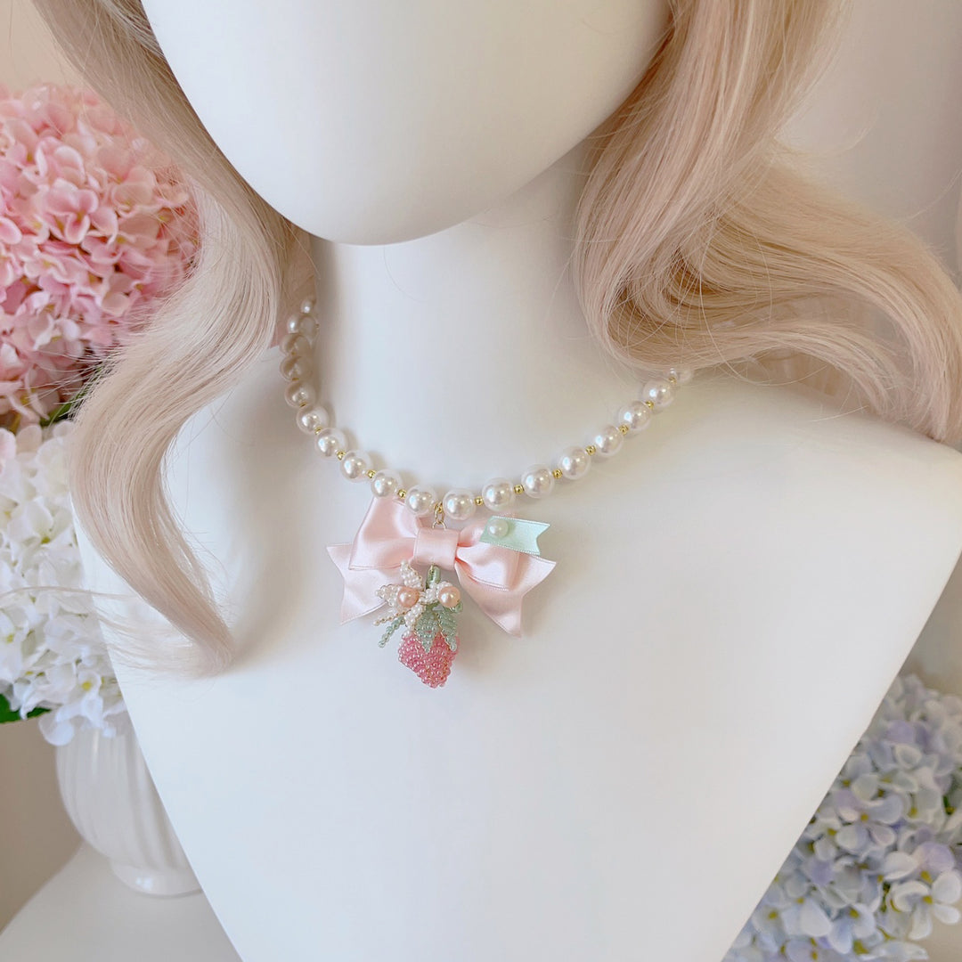 Lolita Pearl Strawberry Bow Necklace