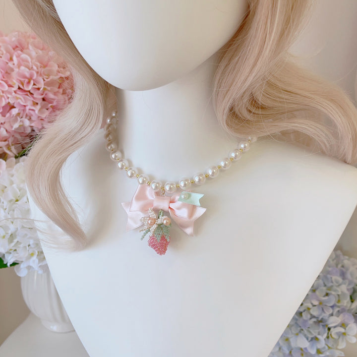 Lolita Pearl Strawberry Bow Necklace