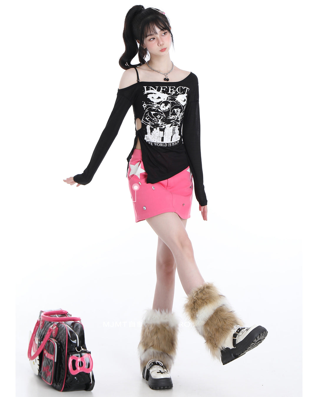 Korean Mesh Long-sleeved Thin Spring and Autumn Shoulder-baring Top