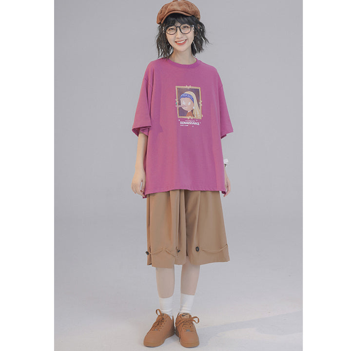 Oil Painting Letter Printed Loose Short Sleeve Summer T-shirt