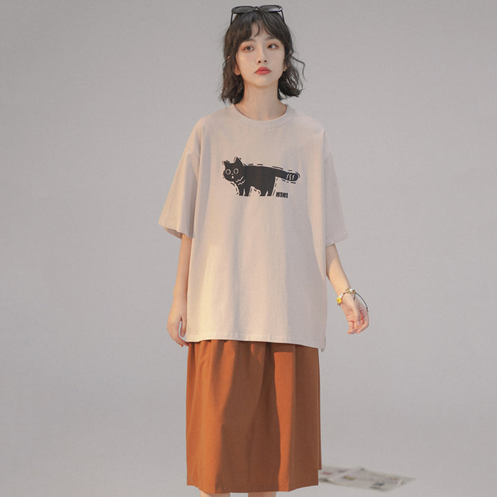 Summer Cartoon Cat Printed Short-sleeve Round-neck T-shirt