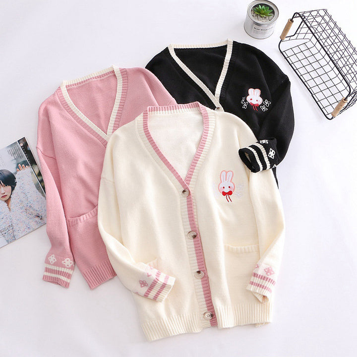 Rabbits Embroidery Cardigan Sweater Long Sleeve