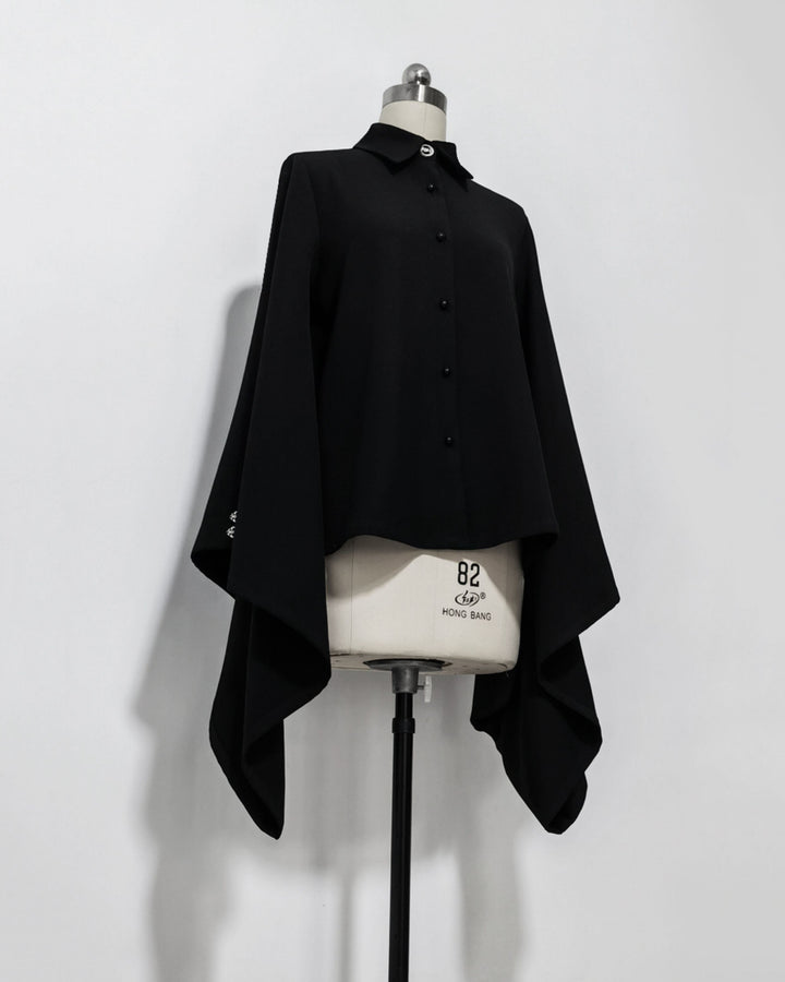 Black Pointed Collar Vintage Wide-Sleeve Blouse
