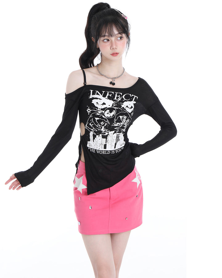 Korean Mesh Long-sleeved Thin Spring and Autumn Shoulder-baring Top