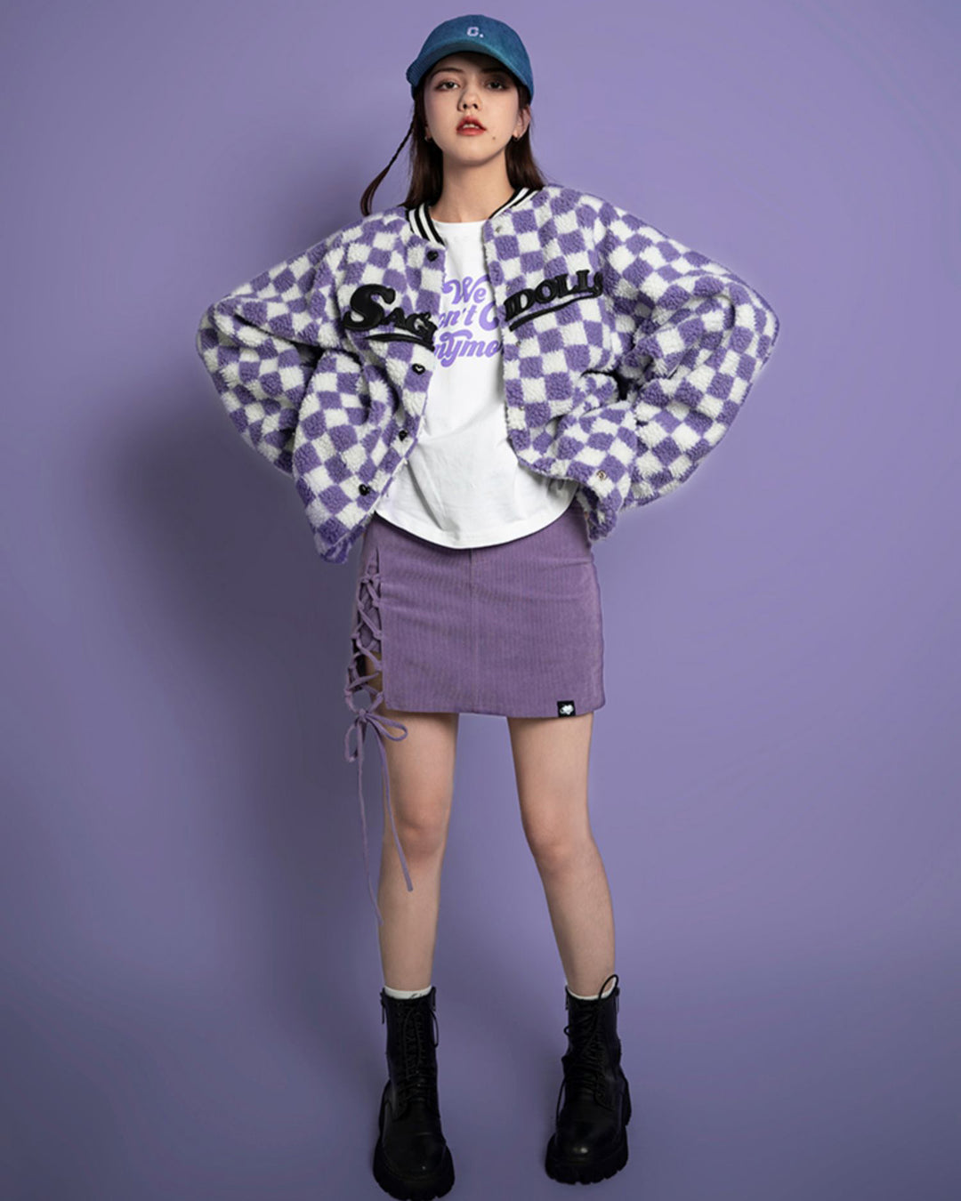 Purple Corduroy Tie-Waist Slit Mini Skirt