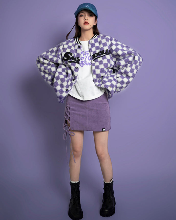 Purple Corduroy Tie-Waist Slit Mini Skirt