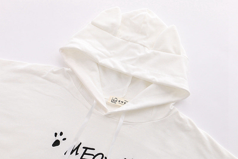 Cat “Meow” Paw Printed Ears Hooded T-shirt