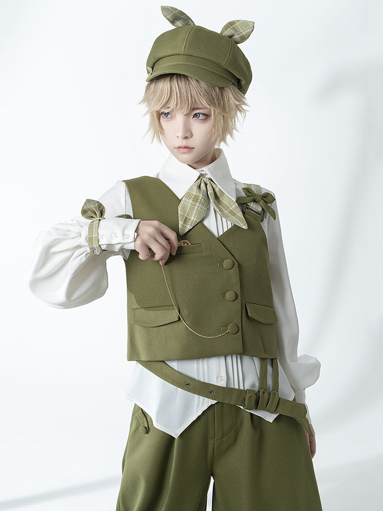 Matcha Green Retro Vest/Shirt/Capri Pants for Spring and Autumn