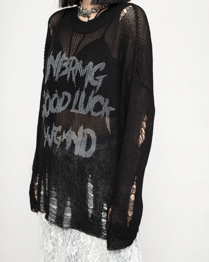 Gothic Vintage distressed mesh graffiti design spring autumn hollow knit sweater