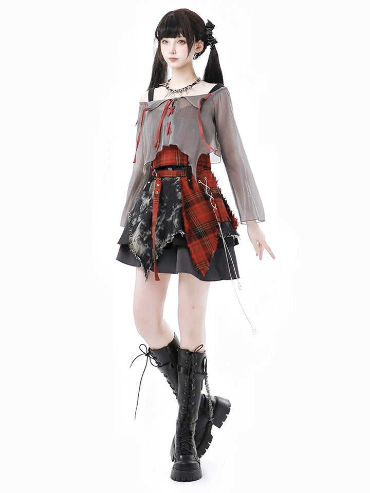 Streetwise Harajuku Plaid Crop Top / Lace-Up Mesh Shirt / Patchwork Mini Skirt