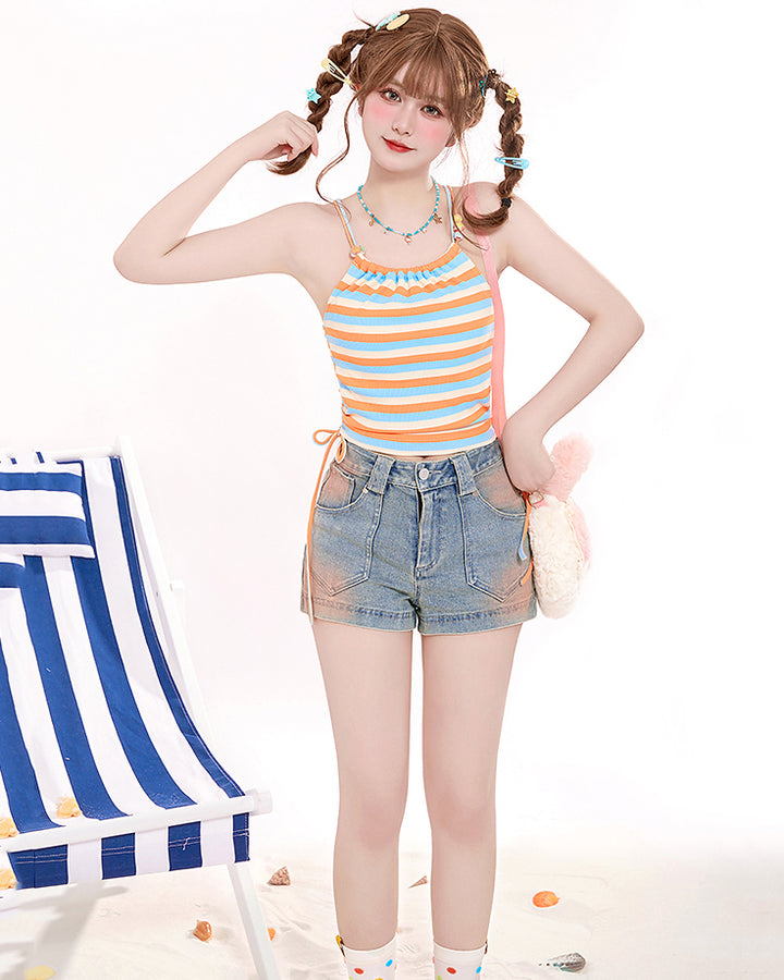 Pineapple Pie Colorful Striped Beach Vacation Style Halter Tank Top