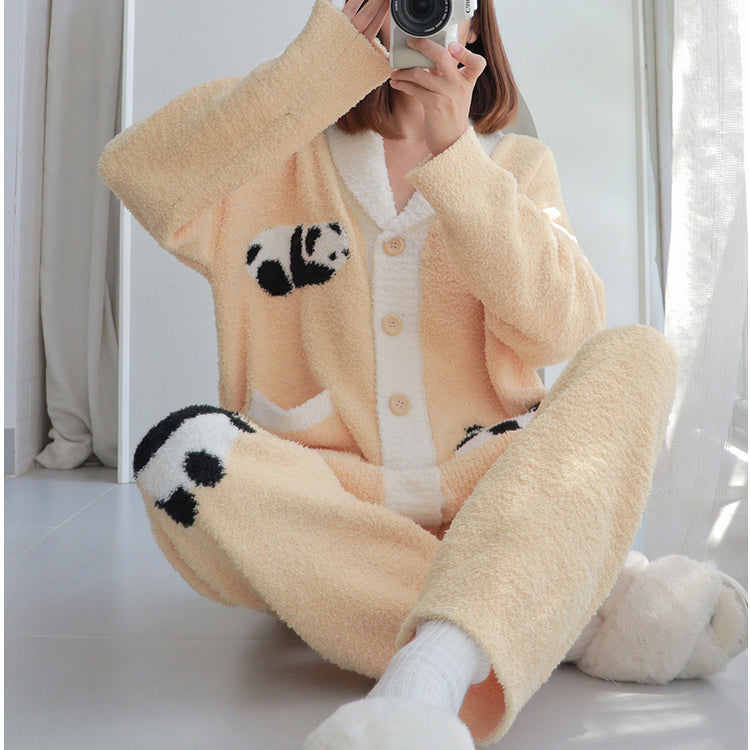 Panda Pattern Pocket Button-up Lapel Winter Pajama Set