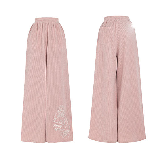 Bear Embroidered Pink Elastic Waist Straight-Leg Pants