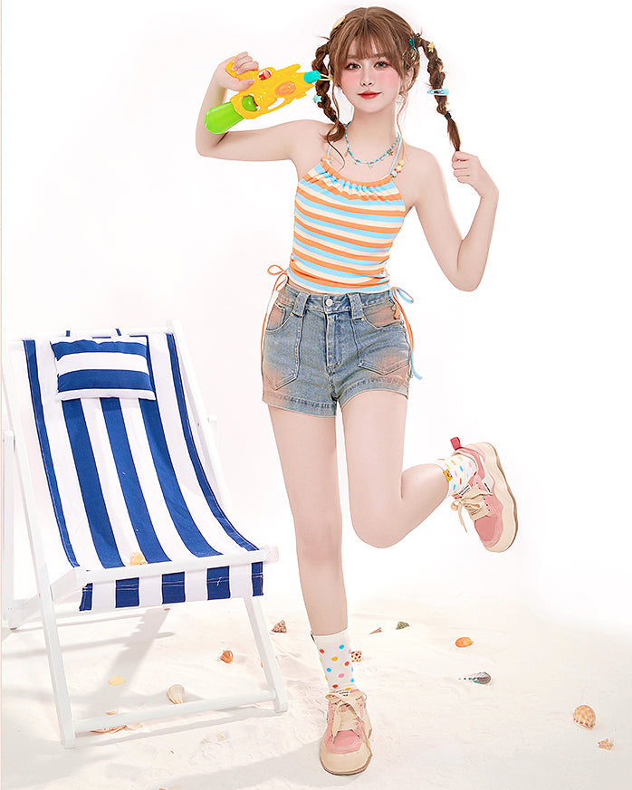 Pineapple Pie Colorful Striped Beach Vacation Style Halter Tank Top