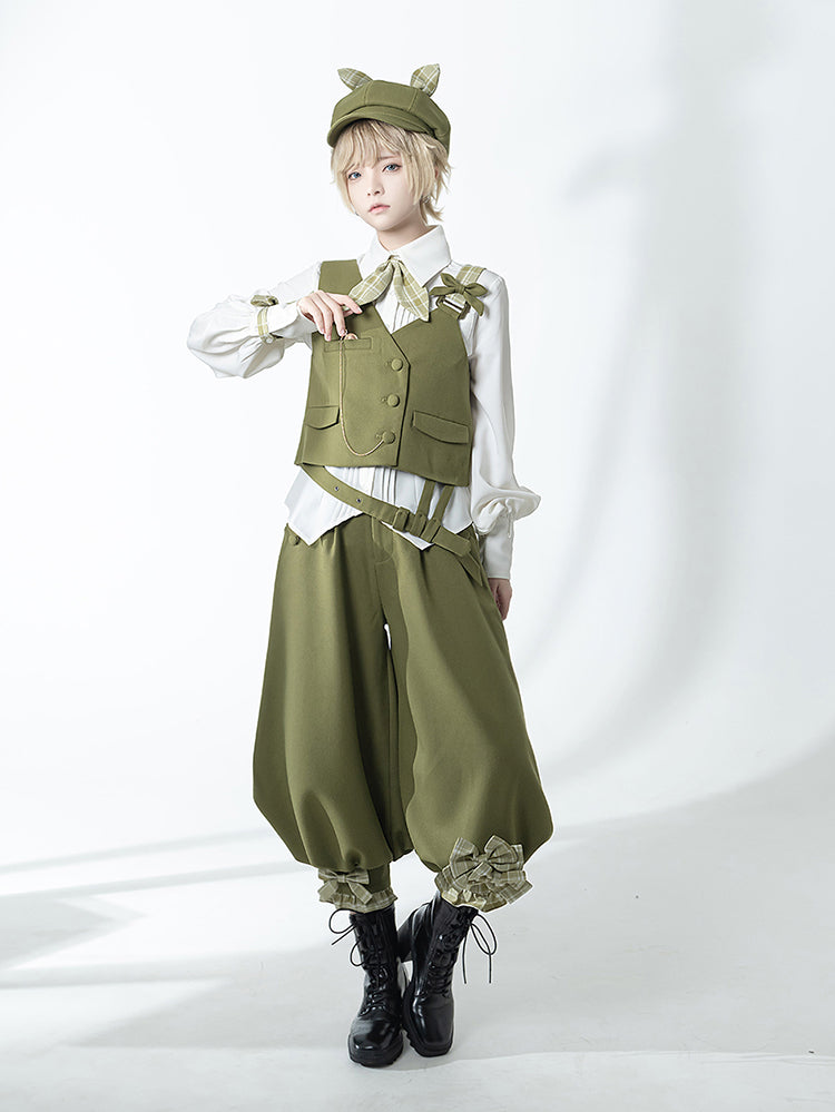 Matcha Green Retro Vest/Shirt/Capri Pants for Spring and Autumn