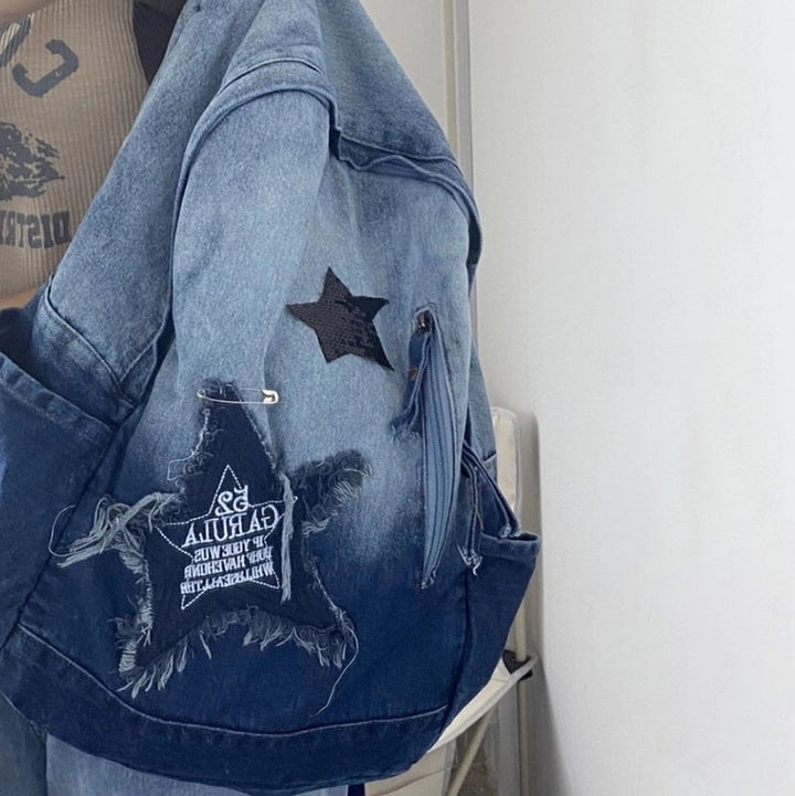 Stars Embroidery Denim Backpack