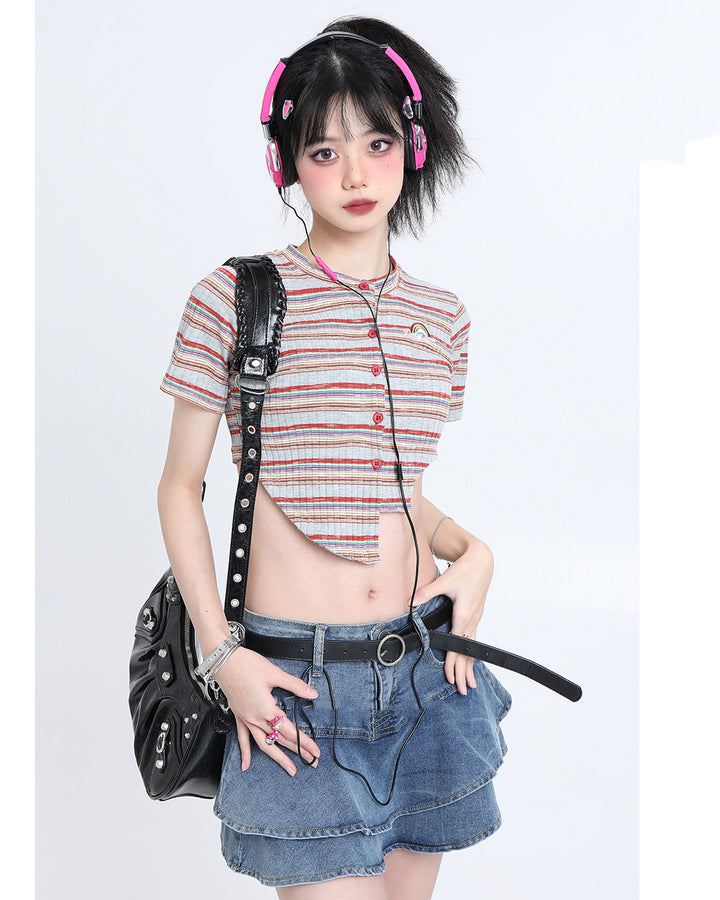 Summer High-waisted A-line Denim Skirt with Ruffled Hem