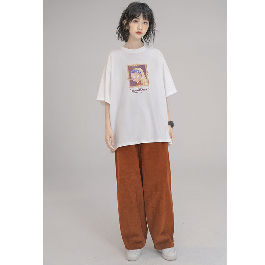 Oil Painting Letter Printed Loose Short Sleeve Summer T-shirt