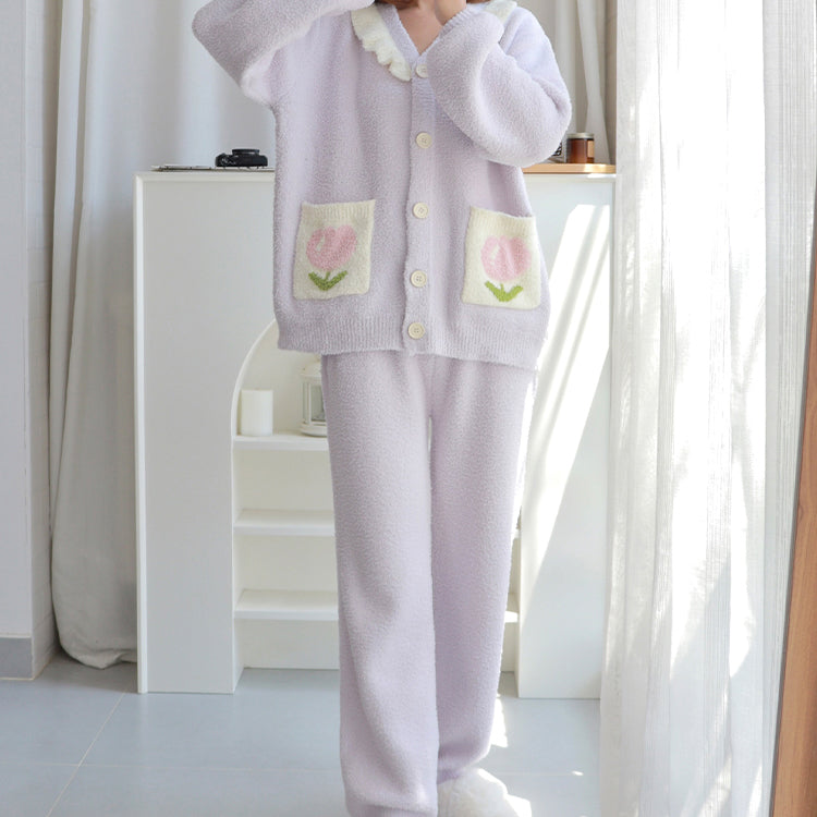 Tulip Pattern Pocket Button-up Lapel Winter Pajama Set