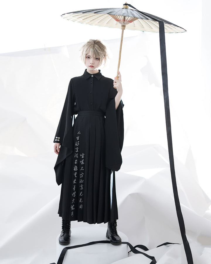 Black Pointed Collar Vintage Wide-Sleeve Blouse
