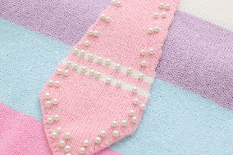 Rainbow Striped Naval Collar Long Sleeve Knit Sweater