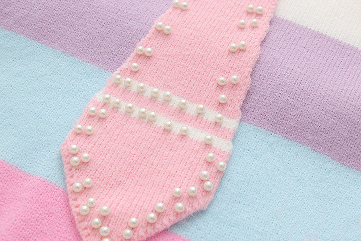 Rainbow Striped Naval Collar Long Sleeve Knit Sweater