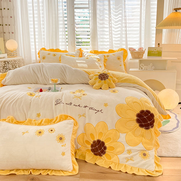 Sunflower Pattern Coral Fleece Duvet Cover