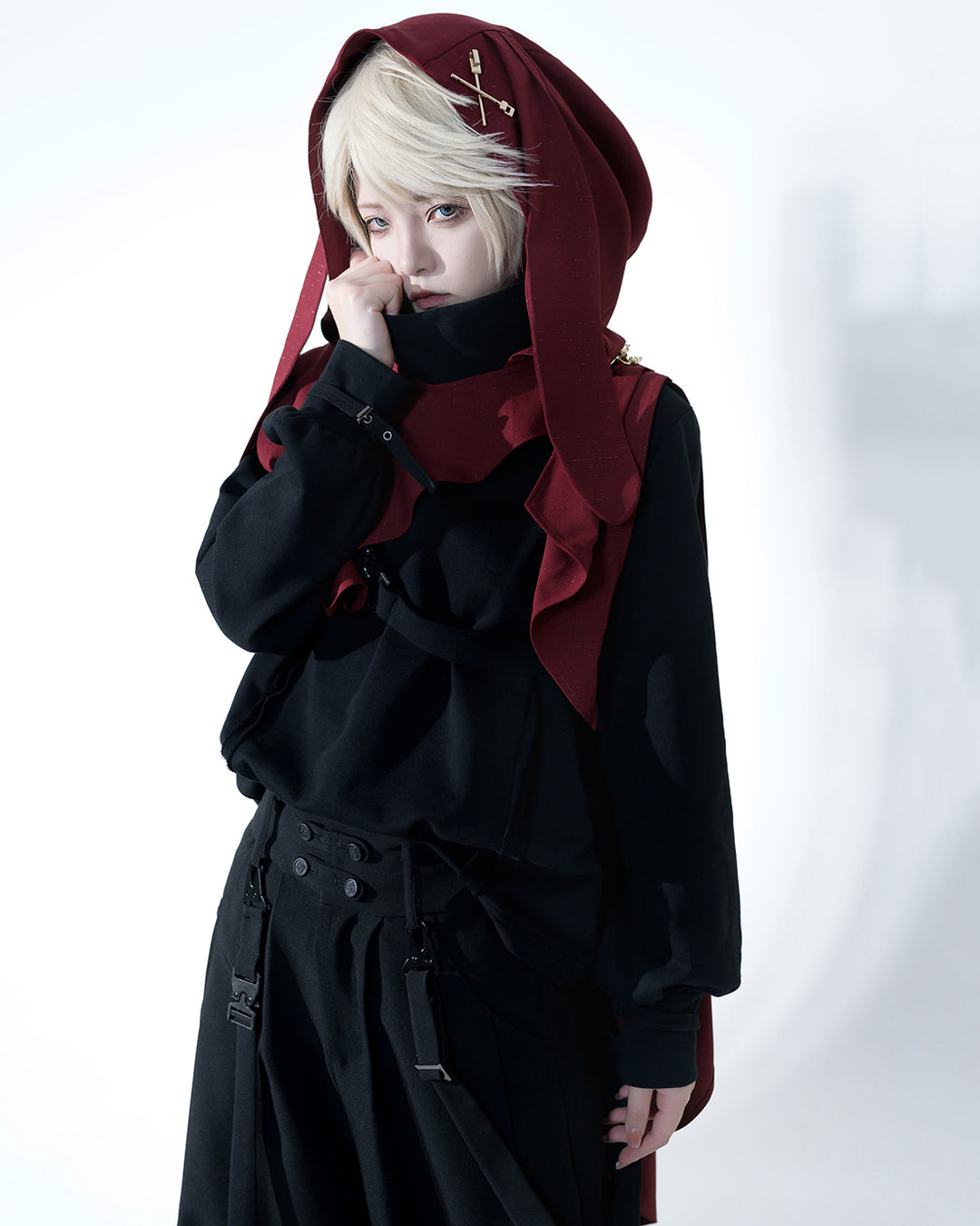 Stylish Burgundy Hooded Cape with Embellishments