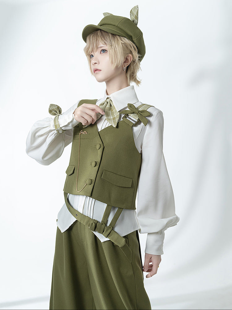 Matcha Green Retro Vest/Shirt/Capri Pants for Spring and Autumn