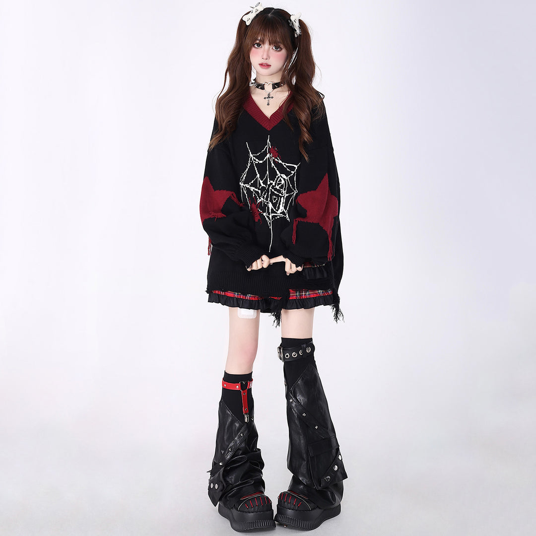 Spiderweb printed distressed V-neck sweater for autumn and winter