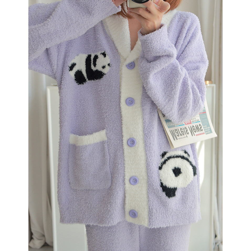 Panda Pattern Pocket Button-up Lapel Winter Pajama Set