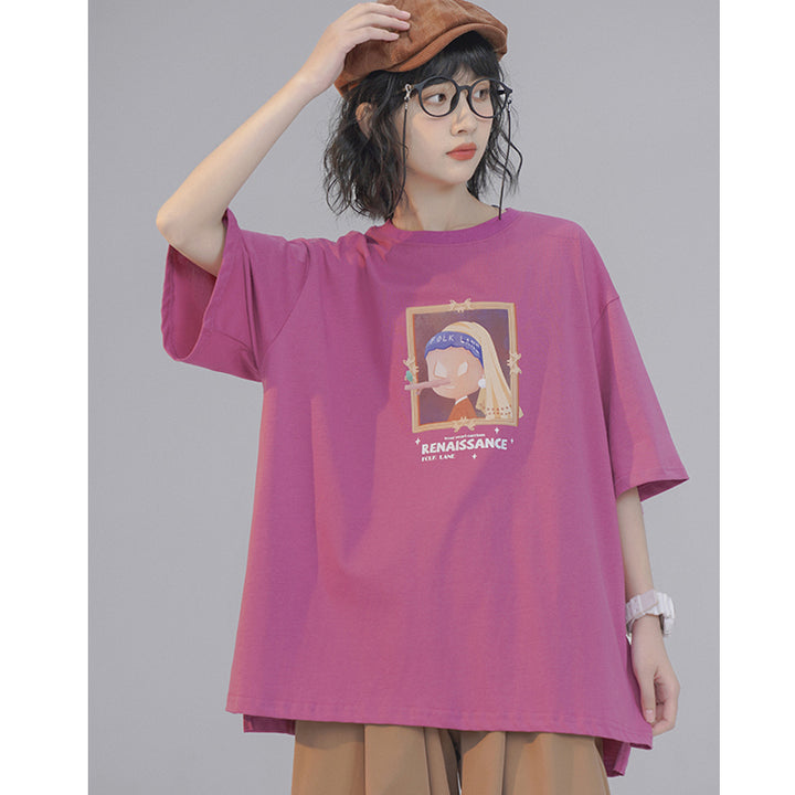 Oil Painting Letter Printed Loose Short Sleeve Summer T-shirt
