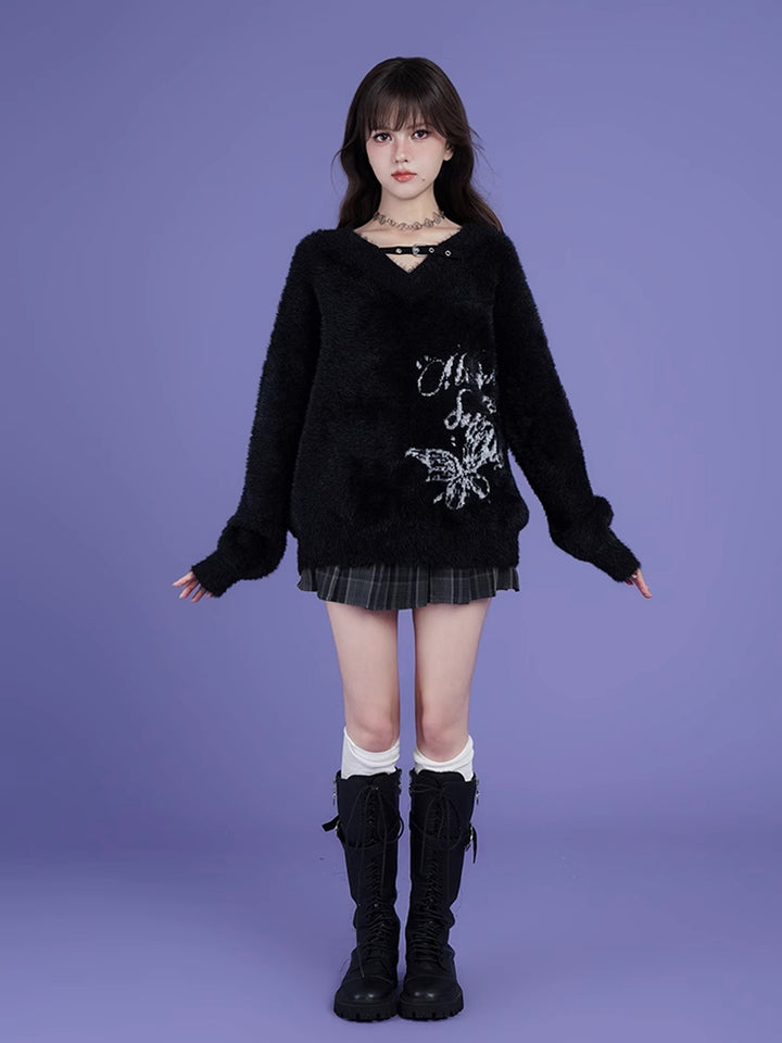 Street Style Black V-Neck Jacquard Loose Sweater