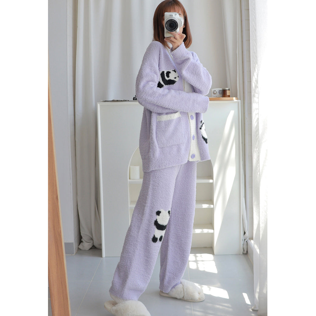Panda Pattern Pocket Button-up Lapel Winter Pajama Set