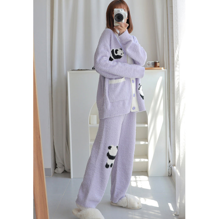 Panda Pattern Pocket Button-up Lapel Winter Pajama Set