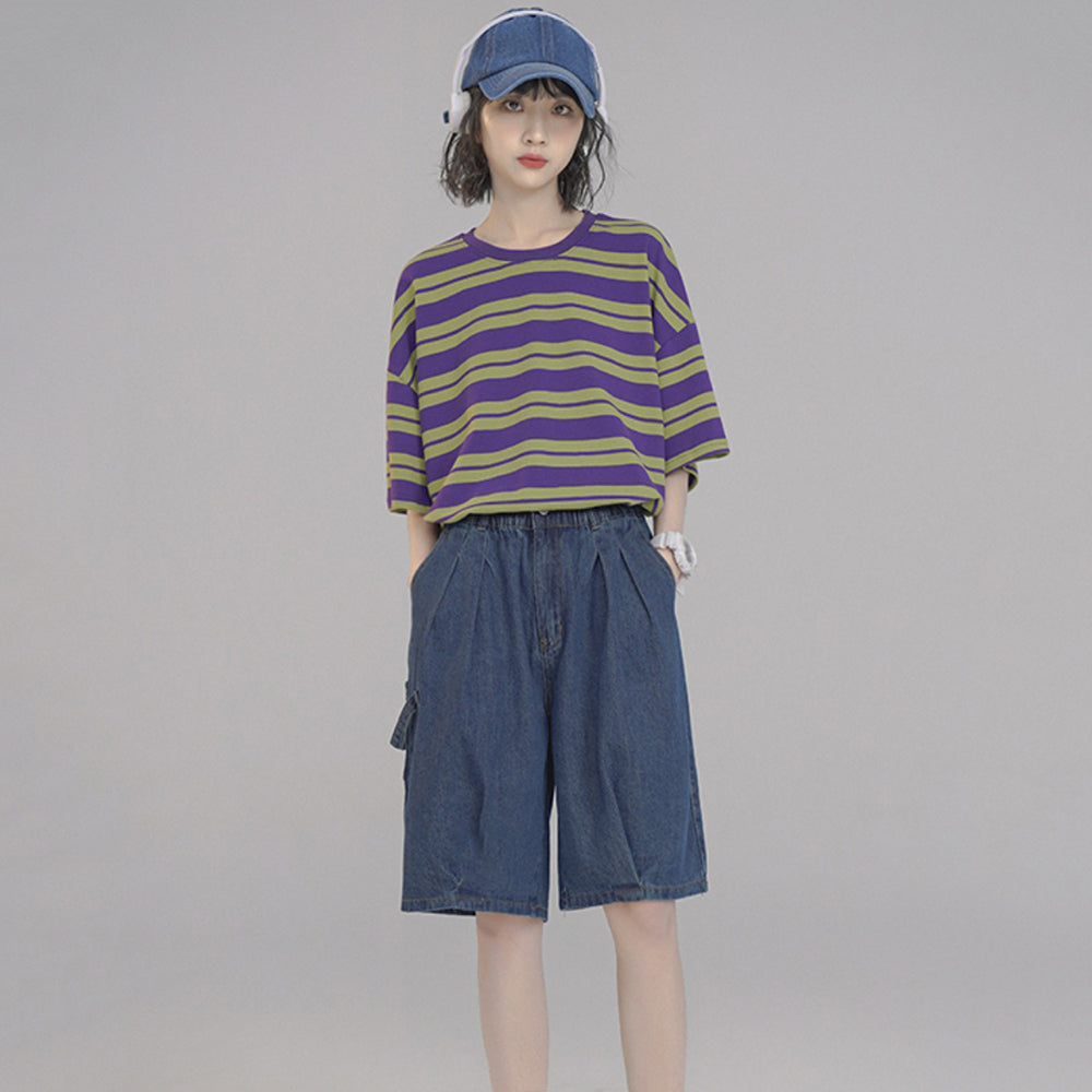 Japanese-style Summer Casual Purple Striped Short-sleeved T-shirt