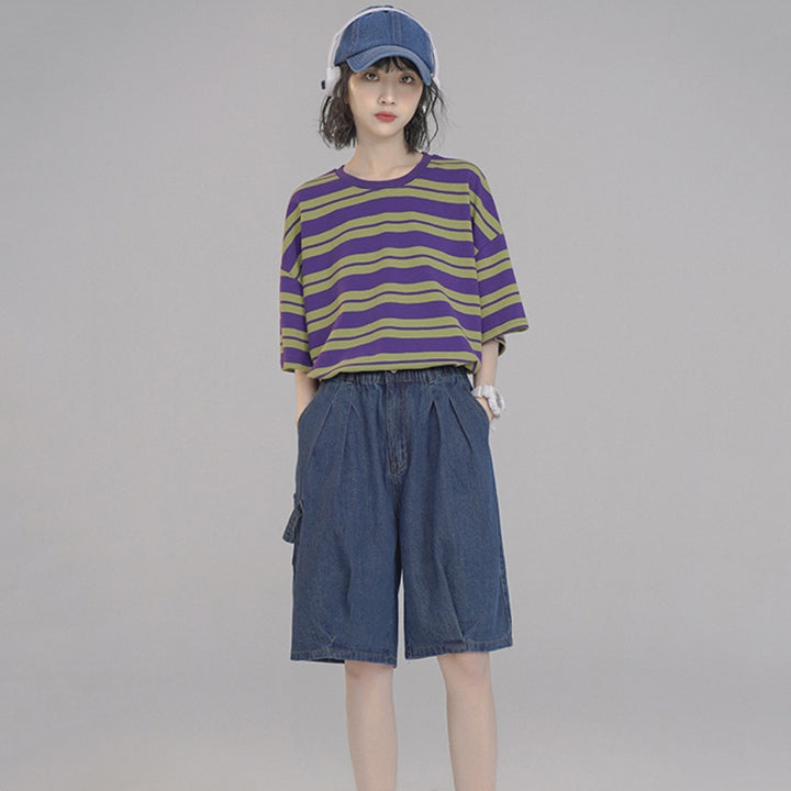 Japanese-style Summer Casual Purple Striped Short-sleeved T-shirt