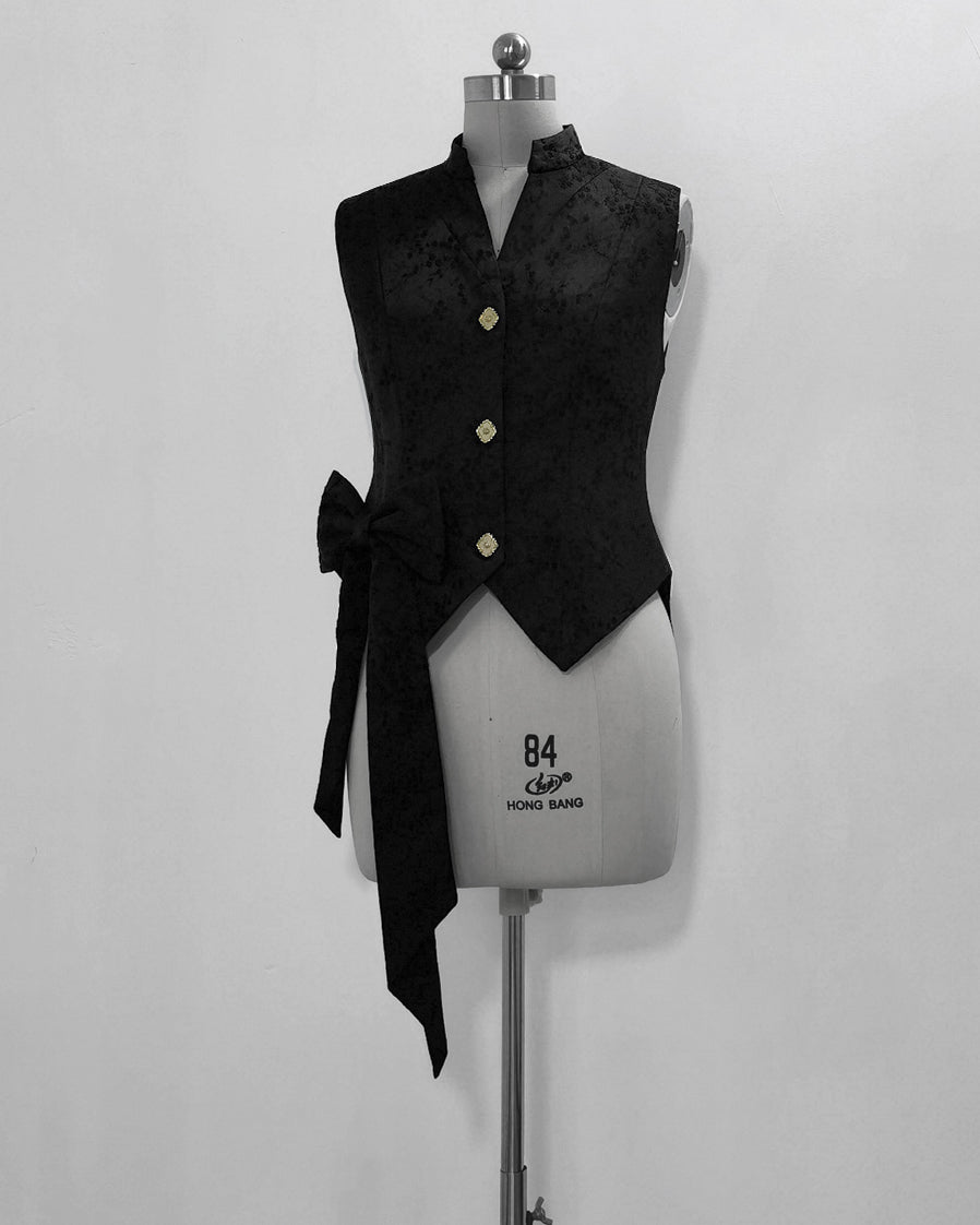 Black Floral Vest with Bow Accent