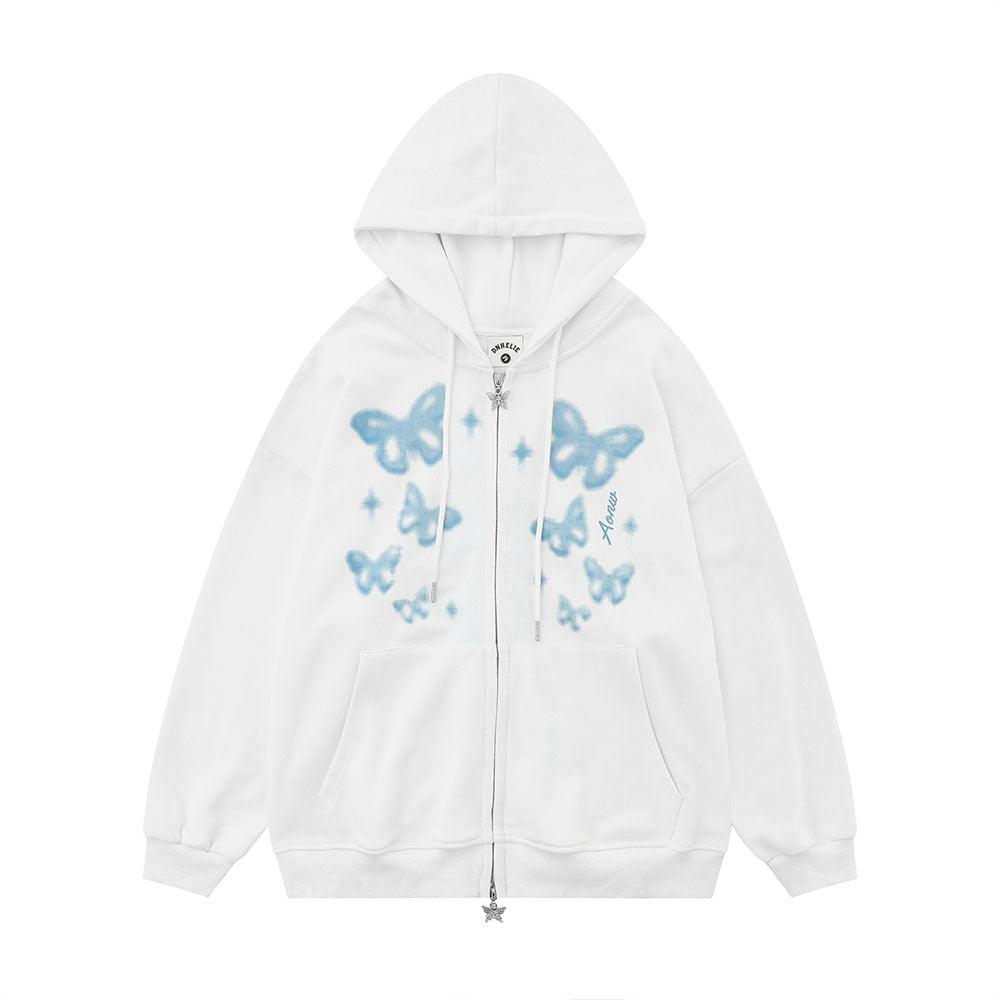 Butterfly Print Zipper Hooded Sweatshirt