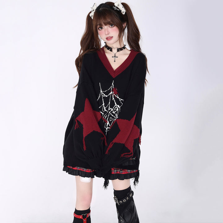 Spiderweb printed distressed V-neck sweater for autumn and winter