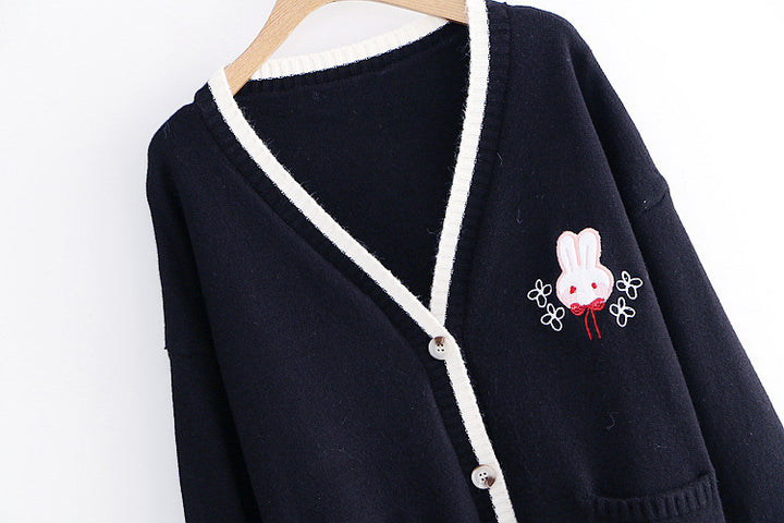 Rabbits Embroidery Cardigan Sweater Long Sleeve