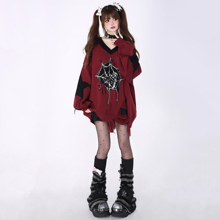 Spiderweb printed distressed V-neck sweater for autumn and winter