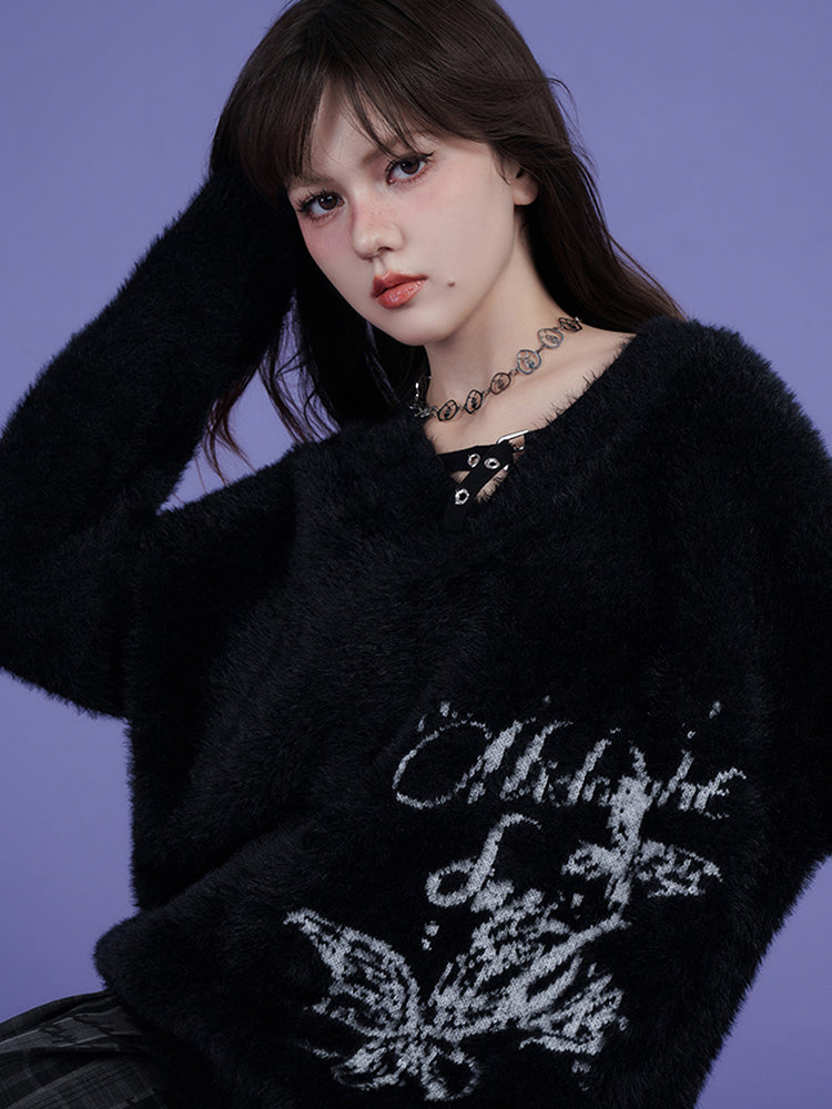 Street Style Black V-Neck Jacquard Loose Sweater