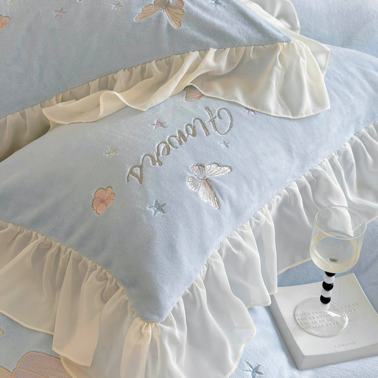 Butterfly Embroidery Milk Velvet Autumn/Winter Duvet Cover Set