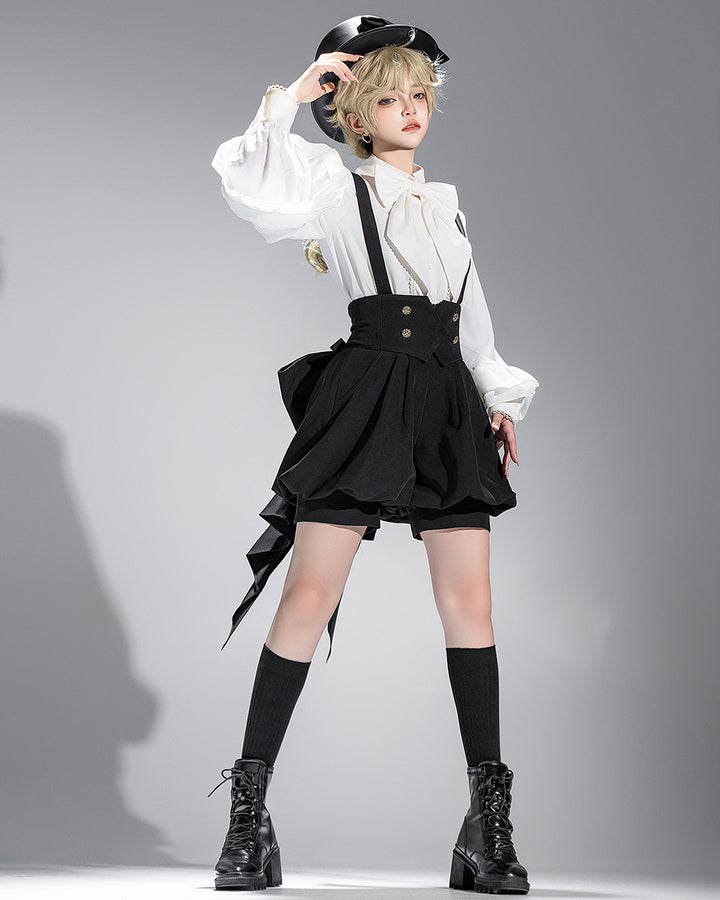 Stylish Black High-Waisted Suspender Shorts with Flared Skirt Overlay